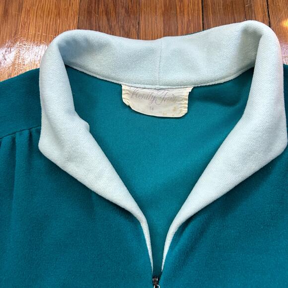 Vintage 70s Vanity Fair Velour Robe Teal & White Zip Front Lounge Dress Size 14 - Picture 4 of 15